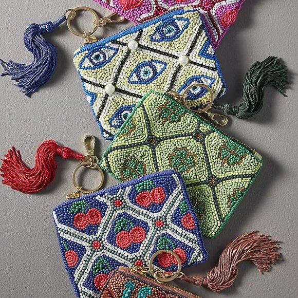 Anthropologie CHERRIES Beaded Coin Purse: Lucky Icons Edition blue red Gift Card - Picture 7 of 10